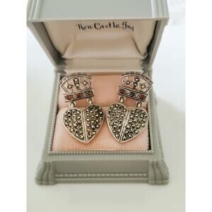Vintage Sterling Silver Marcasite and Red Stone Heart Earrings